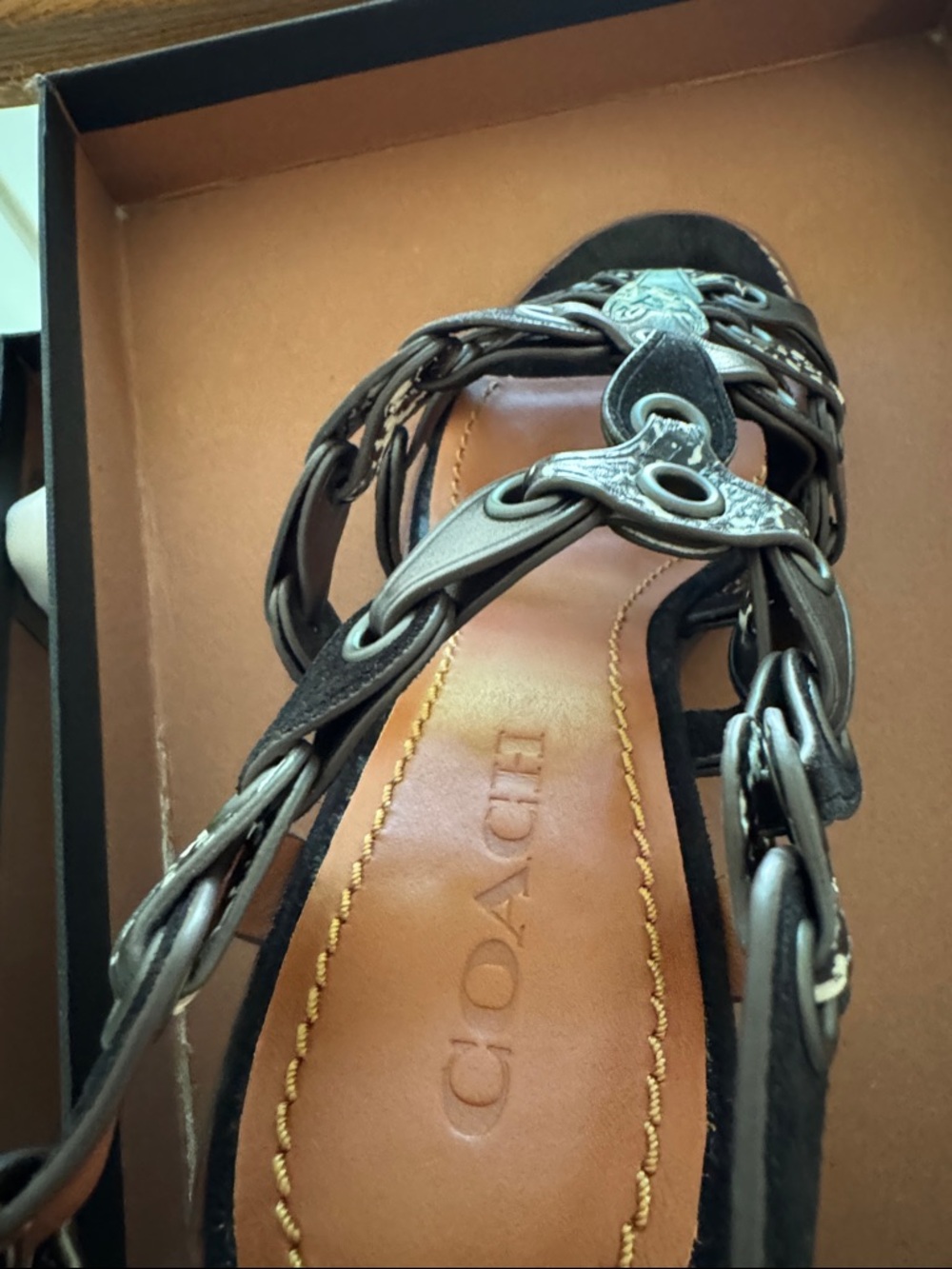 Coach Black Leather Gladiator Sandals with Cream Speckle Accents - Picture 5 of 8
